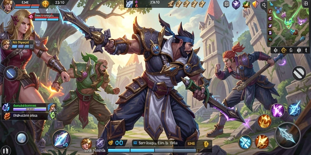Tampilan dinamis dari pertempuran dalam game MOBA.
