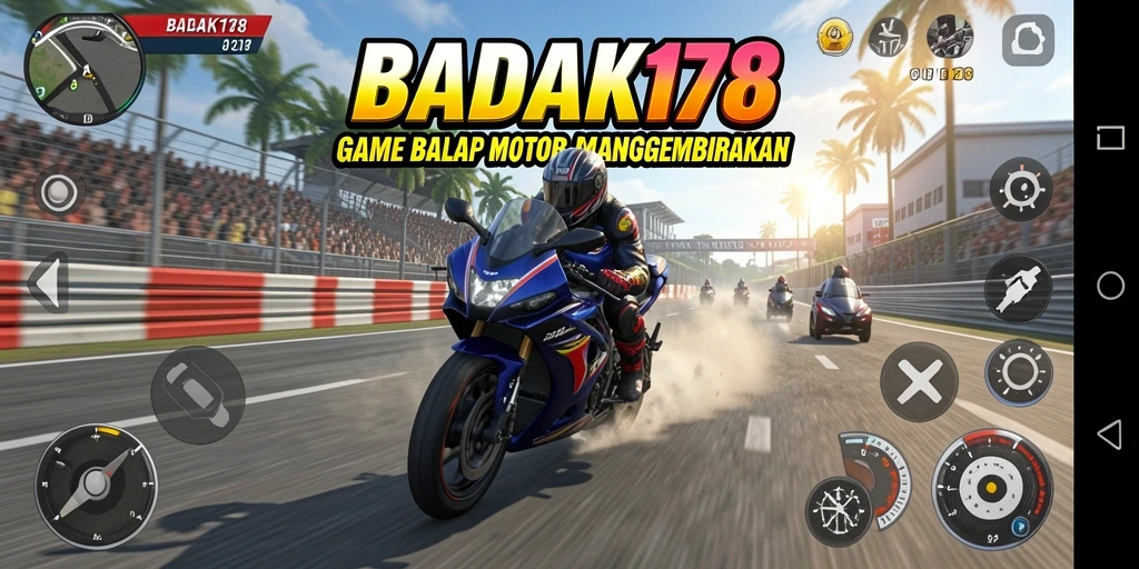 Tampilan gameplay seru di BADAK178 dengan balapan motor yang mendebarkan.