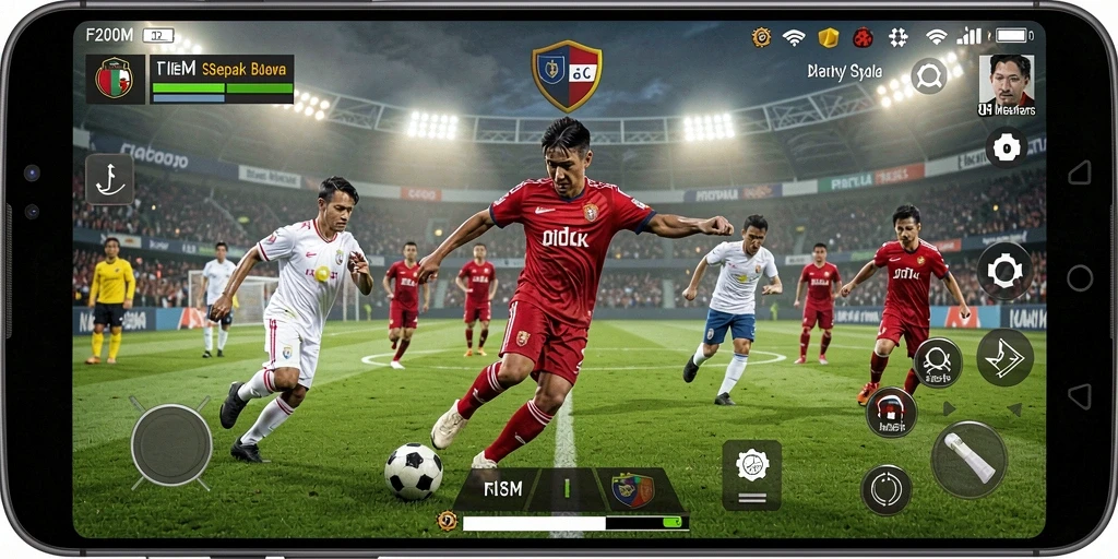 Screenshot utama F200M menampilkan momen seru permainan sepak bola.