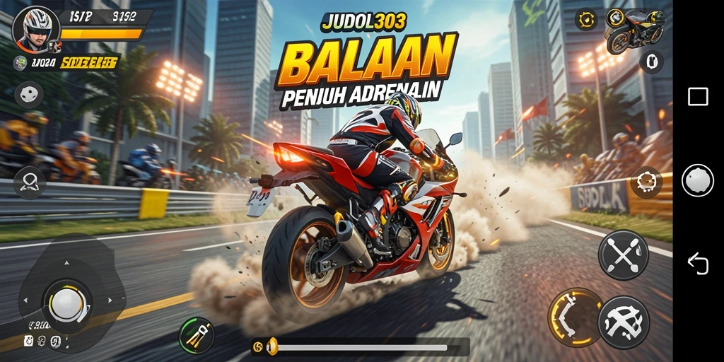 Gameplay seru JUDOL303 menampilkan balapan sepeda motor yang mendebarkan.
