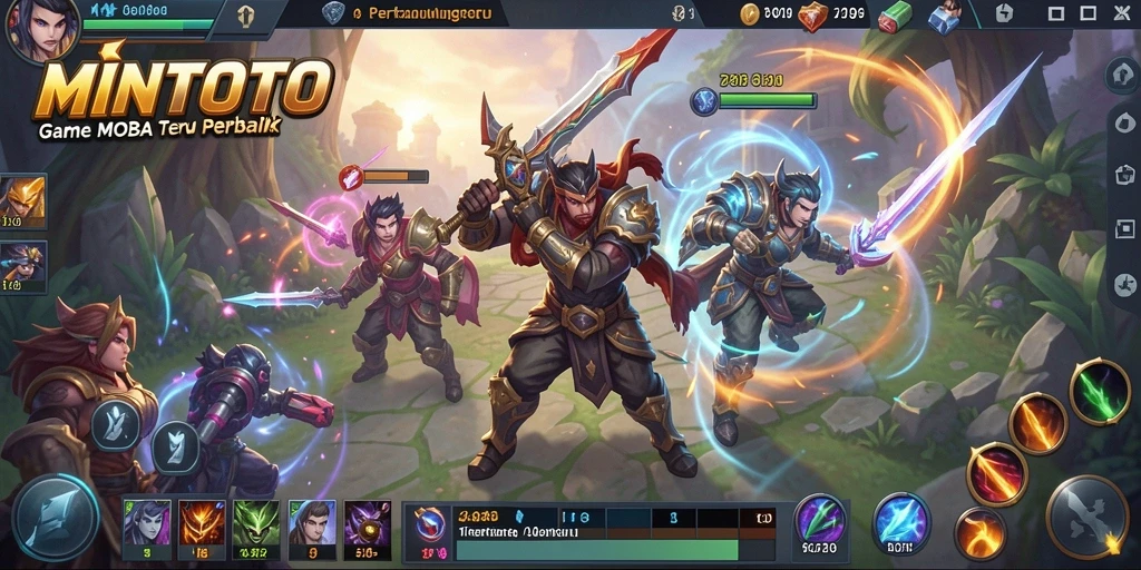 Screenshot gameplay MOBA MINTOTO yang menunjukkan pertarungan epik antar karakter.