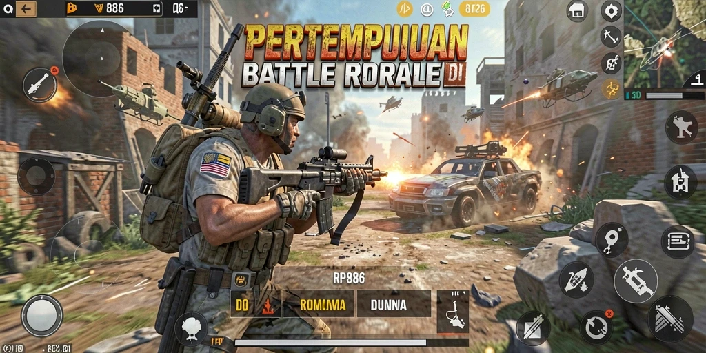 Tampilan seru dari gameplay RP886 yang mendebarkan dalam pertempuran Battle Royale.