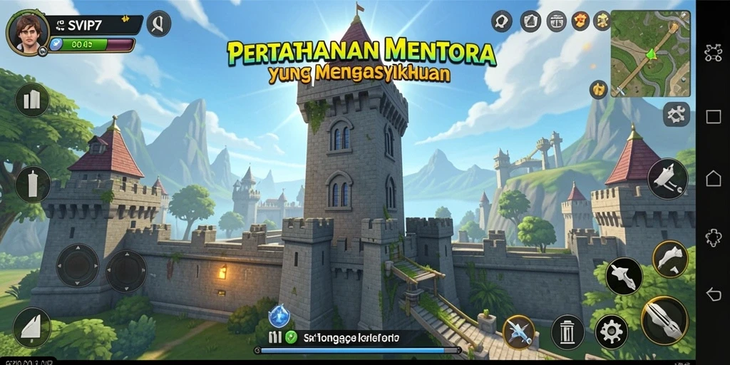 Screenshot gameplay SVIP7 menunjukkan menara dan musuh di medan pertarungan.